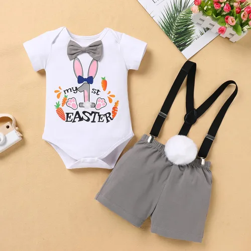 Vista 4 de IBTOM CASTLE Baby Boy - Traje de conejo de Pascua para bebé niño My First ST Patrick's Day Outfit con tirantes para fiesta de fotos