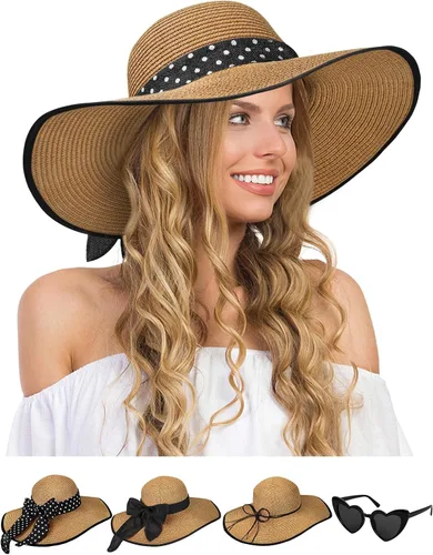 Vista 8 de Sombreros de paja Sun Beach para mujer, sombrero de ala ancha de verano 2-Beige