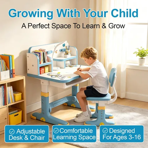 Vista 2 de HEVIRGO Kids Desk and Chair Set – Height Adjustable Blue Study Table