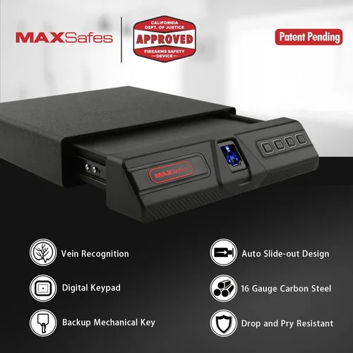 Vista 3 de MAXSafes Caja fuerte deslizante para pistola con bloqueo biométrico de vena de dedo, acceso rápido, caja fuerte para debajo del escritorio, caja