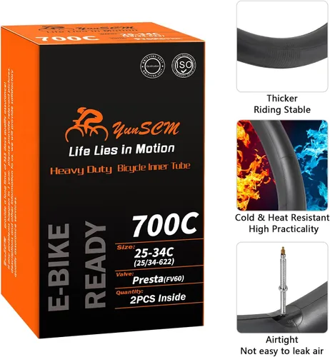 Vista 6 de Tubos de bicicleta resistentes 700C 700x25C/28C/32C/34C FV60 (25/34-622) 700C Tubos de bicicleta de caucho butílico premium compatibles