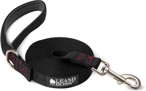 Vista 10 de Leash Boss Correa para perro de 10 pies con mango acolchado, correa larga para senderismo, campamento, explorar o caminar (10 pies, negro/rojo/gris)