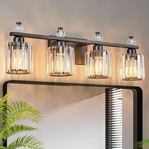Vista 13 de Luces de Tocador de Baño de 3 Luces, Placado Negro, Modernas Luces de Tocador de Cristal para Baño, Luces de Tocador de Cristal para Usar Sobre