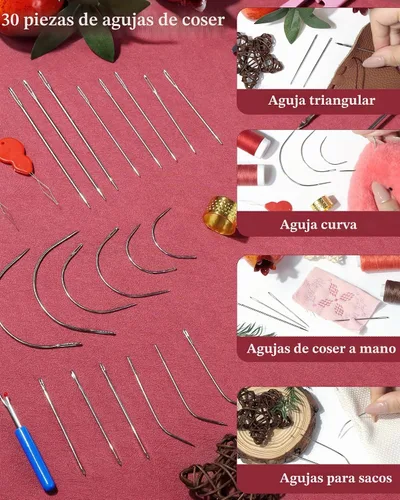 Vista 4 de PLANTIONAL Kit de costura de cuero de hilo encerado de 8 colores, kit de reparación de tapicería de 47 piezas con hilo encerado, punzón de costura