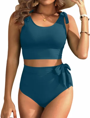Vista 16 de Trajes de baño de dos piezas de cintura alta - Bikini con control de abdomen para mujer, traje de baño modesto 2 piezas 2025 Hot Red