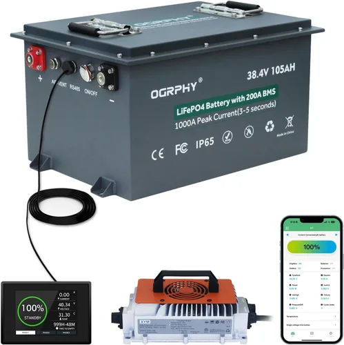 Vista 9 de OGRPHY Batería de litio de 36 V con cargador y monitor LCD, batería de litio para carrito de golf de 36 V 100 AH con BMS de 200 A, salida de 7.68