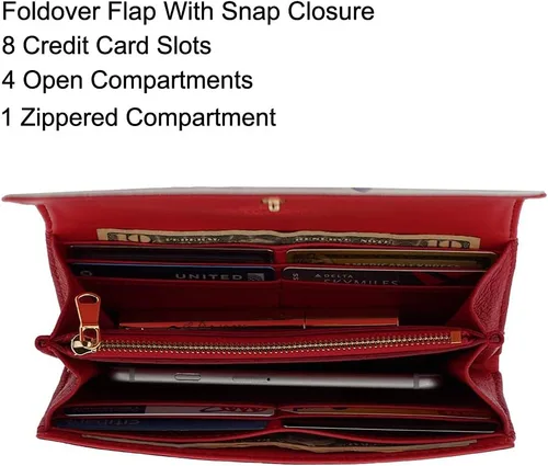 Vista 3 de Fioretta Cartera italiana de cuero genuino para mujeres organizador de tarjetas de crédito patrón de flores, Rojo-floral, Cartera con cremallera