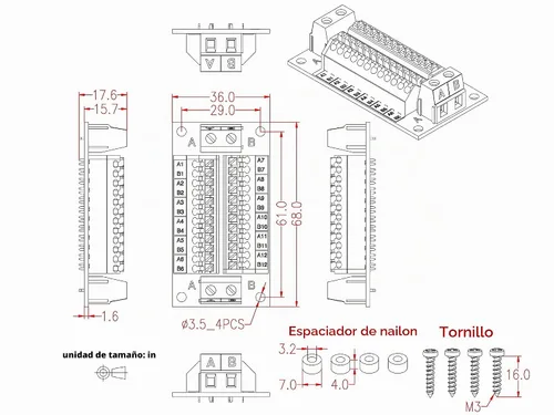 Vista 5 de Módulo de distribución de bloque de terminales de 16 amperios CA/CC, 2x12 posiciones