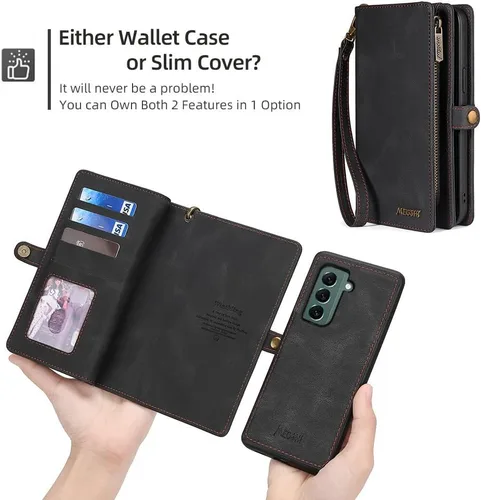 Vista 5 de Asuwish Funda de teléfono para Samsung Galaxy S22 Plus S22+ 5G con cremallera, funda desmontable con protector de pantalla y tarjetero de cuero