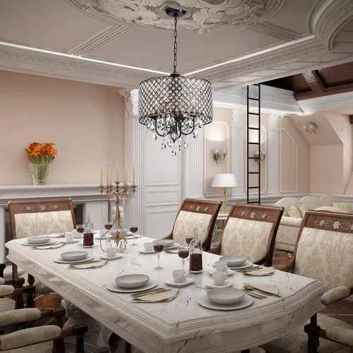 Vista 4 de Edvivi Marya - Candelabro de cristal con 4 luces, acabado de cobre antiguo, lámpara de techo ajustable con pantalla redonda de cristal para sala