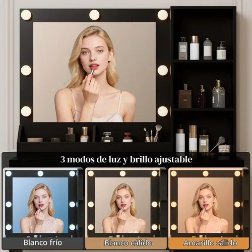 Vista 4 de Wodeer Pequeño escritorio de maquillaje con espejo y luces, tocador con armario de cristal, luces LED y toma de corriente, cajón y gabinetes