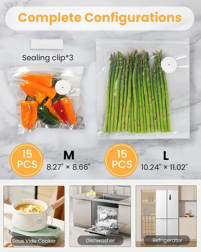 Vista 7 de Máquina selladora al vacío FEPPO para alimentos con tanque de agua visible, máquina selladora al vacío compacta portátil con 30 bolsas reutilizables