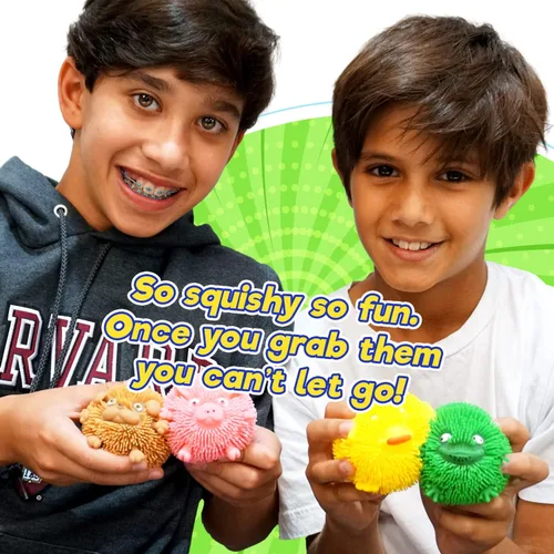 Vista 5 de JA-RU Pelota acolchada – Pelotas antiestrés de animales con sabor a goma de mascar para niños (1 unidad) Squishy cerdo, rana, pollo y perro