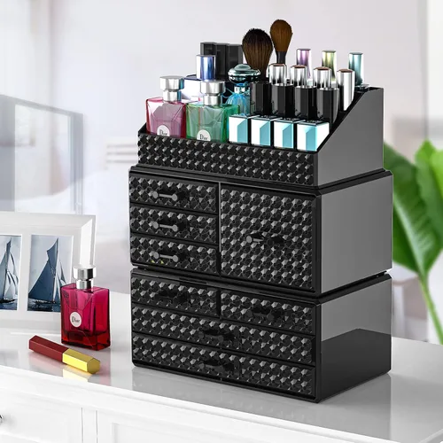 Vista 8 de Paquete de 3 organizadores de maquillaje apilables [actualizados], estuches de almacenamiento de cosméticos acrílicos con 8 cajones organizadores
