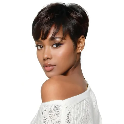 Vista 21 de Peluca de cabello humano con corte Pixie para mujeres negras, 100% cabello humano real, peluca corta y recta sin pegamento con flequillo, hecha a