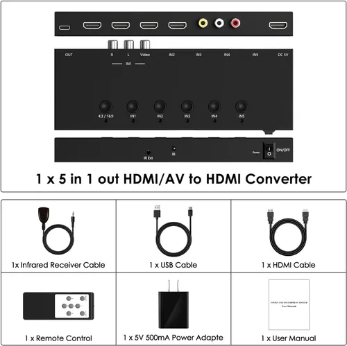 Vista 7 de Interruptor HDMI/AV 5 en 1, convertidor 4K-HD MI+1AV a HDMI, compatible con HDR y HDCP 2.2 y 3D completo con control remoto IR compatible