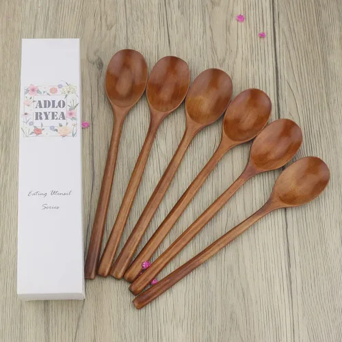 Vista 7 de Cucharas de madera coreanas de 9 pulgadas para comer, 6 cucharas pequeñas Marrón