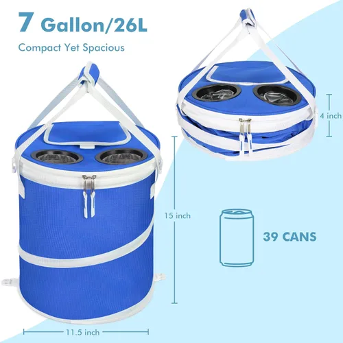 Vista 2 de Tirrinia Hielera grande emergente, hielera plegable aislada con mesa plana para bebidas, enfriador redondo ligero y portátil para viajes, pesca