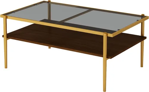 Vista 6 de Mesa auxiliar de cristal, mesa de centro de mediados de siglo de 2 niveles con parte superior de vidrio templado gris y estante de almacenamiento