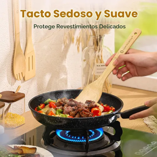 Vista 3 de Cucharas de madera para cocinar, juego de utensilios de cocina, 6 cucharas de madera de bambú y espátula utensilios de cocina