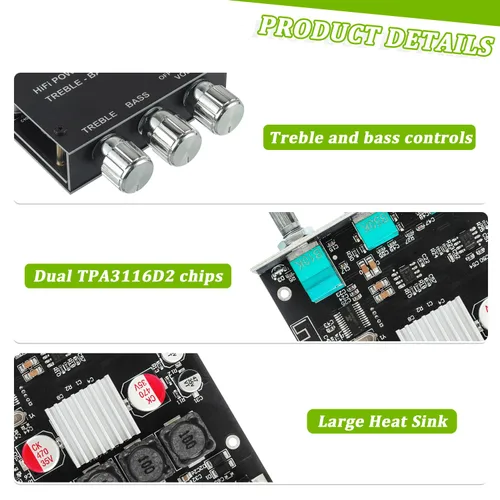 Vista 8 de Placa de amplificador Bluetooth de 50W+50W con control de agudos y graves, chips TPA3116D2, DC 9-24V, entradas BT y AUX, amplificador estéreo de 2.0