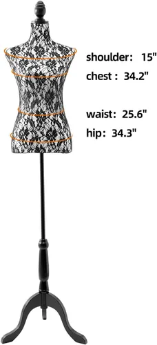 Vista 7 de Torso de maniquí hembra ajustable con base de trípode para exhibición (negro)