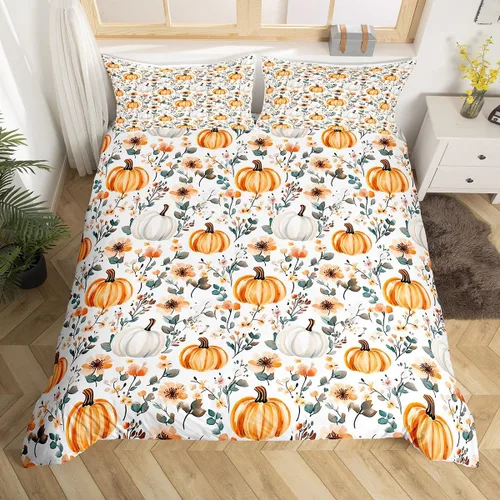 Vista 13 de Erosebridal Juego de funda de edredón individual de pavo de Acción de Gracias, juego de ropa de cama de calabaza y hojas de otoño para niños