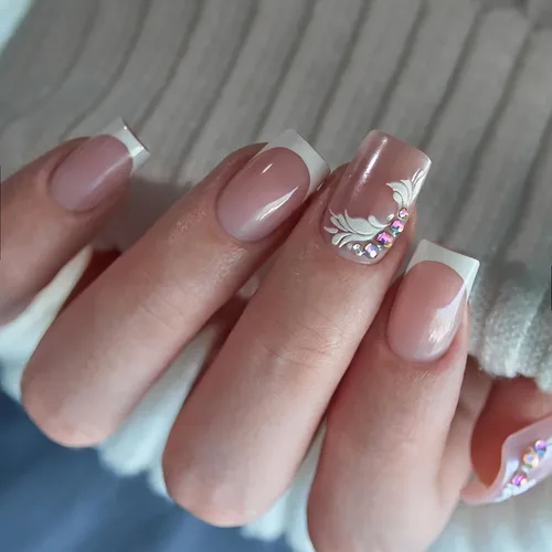 Vista 34 de CurvLife - Uñas postizas cuadradas cortas a presión, color blanco brillante Cuadrado Gradiente Blanco