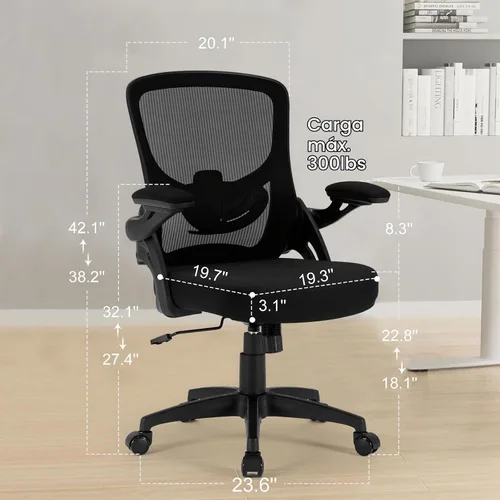 Vista 3 de Silla de oficina ergonómica, cómoda silla de escritorio con brazos abatibles, silla de computadora de malla con soporte lumbar ajustable, sillas