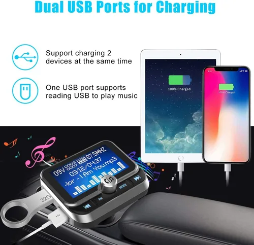 Vista 6 de Transmisor FM Bluetooth para coche, adaptador de radio inalámbrico Bluetooth 5.0, kit de coche con llamadas manos libres, 2 puertos USB, detección