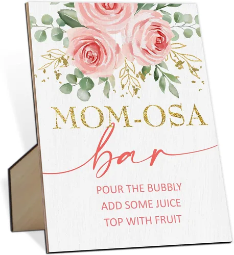 Vista 11 de Mom-osa Bar Baby Shower Letrero bohemio floral de género neutro con soporte, letrero de juego de madera para baby shower, cumpleaños, decoración