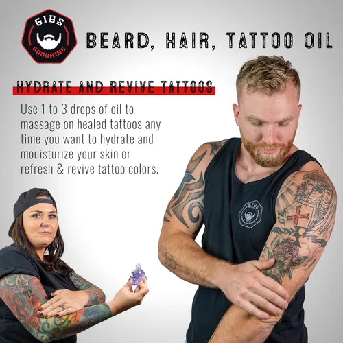 Vista 3 de GIBS Grooming - Beard, Hair & Tattoo Oil (1 fl oz) Collectible Glass Bottle - Softens & Strengthens - Skin Moisturizer - Vitamin C - UV Shield