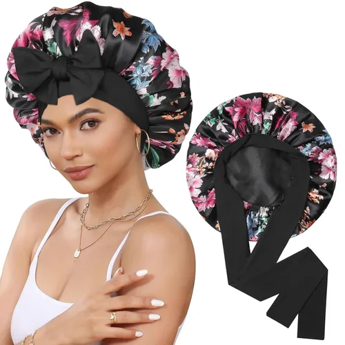 Vista 25 de Gorro de satén de seda para dormir, gorro de seda de doble capa con banda elástica para cabello rizado