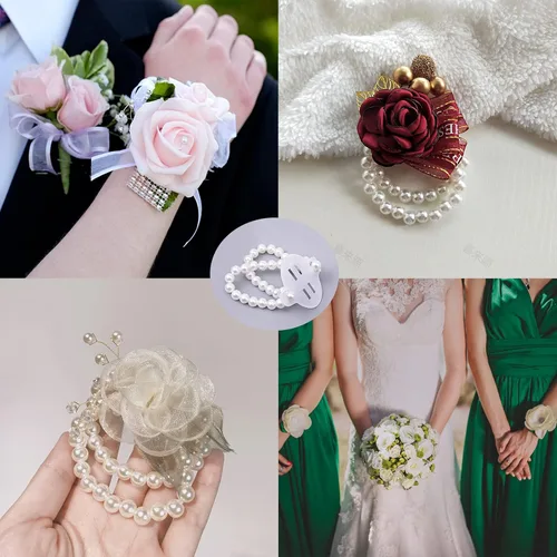 Vista 8 de Pulsera de perlas con ramillete de muñeca elástica para muñeca, pulsera elástica de perlas para boda, ramillete de perlas de imitación, Seda