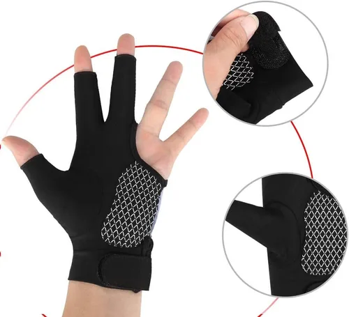 Vista 4 de Tbest Biljart Handschoenen, guante de billar para mano izquierda, 4 colores para adultos, 3 dedos, guante de billar para hombres y mujeres (negro L)