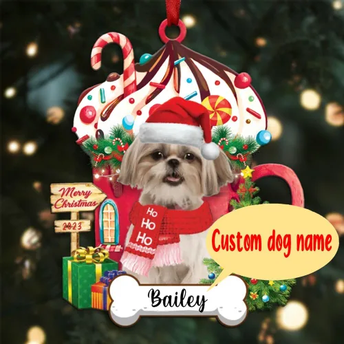 Vista 2 de Amantes de los perros de Navidad – Navidad de perros disponibles para muchos perros Shi Tzu – Adorno con forma personalizada, adorno de Navidad