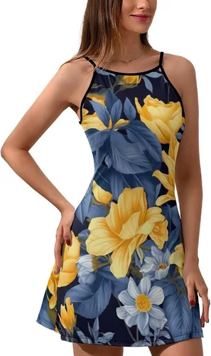 Vista 6 de Mini Cami Dress Spaghetti Strap Backless Flowy Sling Dress Blue Base Yellow Floral Summer Holiday Sundress