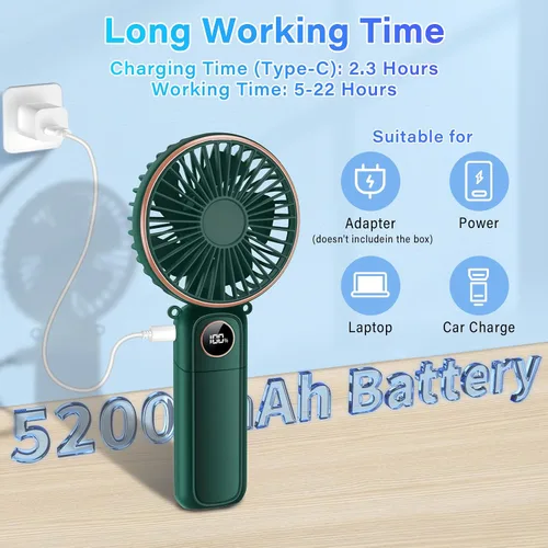 Vista 3 de Ventilador de mano portátil de 5200 mAh, recargable por USB, eléctrico, pequeño, pequeño, pequeño, de mano, 22 horas, 6 velocidades, pantalla LED