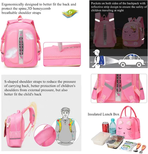 Vista 14 de Juego de 2 mochilas escolares con lazos para niñas y estudiantes, diseño de princesa para escuela primaria, 2pcs Negro-s, 2Pcs BagSet S