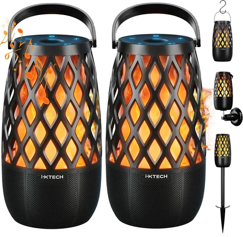 Vista 10 de IXTECH Altavoz Bluetooth para exteriores, impermeable, inalámbrico, con luz de llama LED, altavoz Bluetooth para ducha para camping, patio