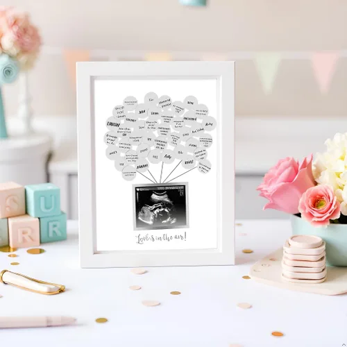 Vista 6 de Pearhead Libro de Firmas para Baby Shower y Marco de Fotos de Recuerdo de Ecografía con 50 Pegatinas de Globos, Inserto de Foto de 12.7 cm x 10.16