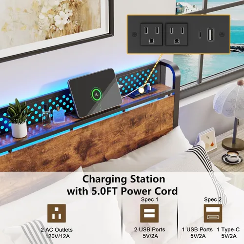 Vista 4 de Furnulem Base de cama tamaño individual con luces LED y estación de carga, base de cama con cabecera de almacenamiento de madera, cama de plataforma