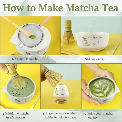 Vista 7 de Juego de batidor de matcha con cuenco matcha, batidor de bambú, tamiz, soporte para batidores, cuchara, kit de inicio de 5 piezas, kit de té