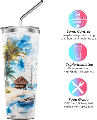 Vista 3 de THILY Vaso de viaje de acero inoxidable con aislamiento al vacío de 26 onzas, taza de café con 2 tapas y popotes, a prueba de salpicaduras Brisa