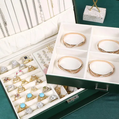Vista 7 de JACIEYU Joyero grande y organizador de anillos para niñas, exquisitas cajas de joyería de viaje de cuero, aretes, collares, pulseras y organizadores
