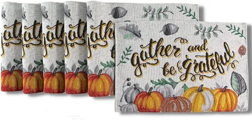 Vista 15 de Juego de seis (6) manteles individuales de camión de cosecha de otoño, tela tejida de tapicería colorida, para vacaciones, Acción de Gracias, otoño
