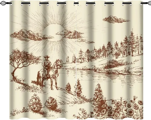 Vista 26 de Cortinas opacas retro de vaquero occidental para dormitorio, estilo rústico, cactus, salvaje oeste, vaquero, paseo, caballo, con ojales, aislamiento