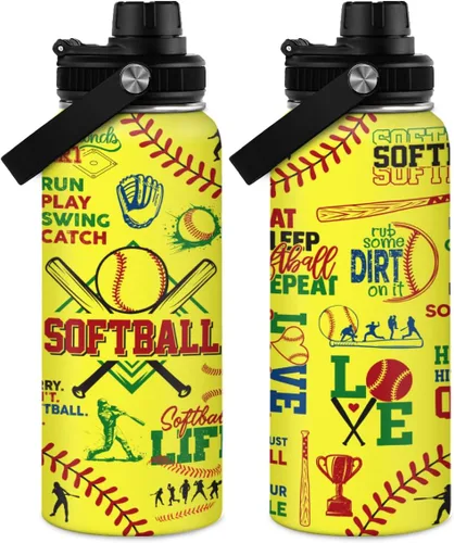 Vista 9 de Botella de agua de béisbol de 32 onzas con aislamiento de acero inoxidable para hombres, mujeres, amantes de los deportes, regalos de béisbol
