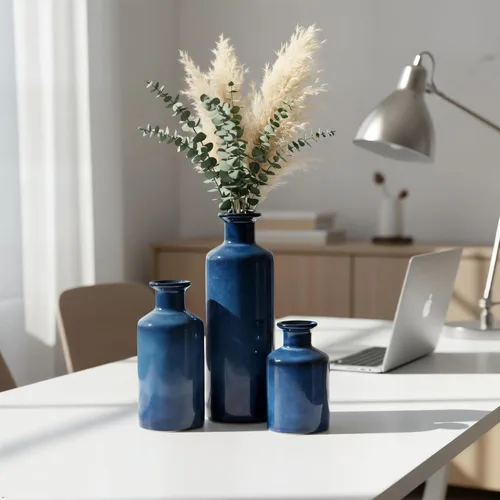 Vista 7 de Mowtanco Juego de 3 jarrones pequeños de cerámica azul, casa de campo moderna para botellas de decoración del hogar, jarrones decorativos rústicos