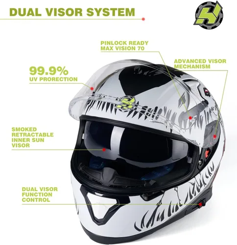 Vista 4 de HAX Full Face Motorcycle Helmet with Dual Rear Wing, DOT Approved Motorbike Street Bike Helmet with Pinlock Ready Plastic Nails for Adult
